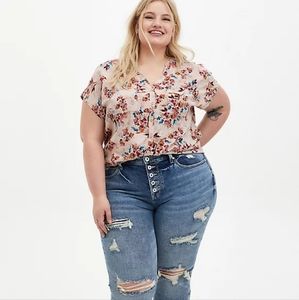 Torrid Challis Button-Front Dolman Short Sleeve Top | 5XL | Cream Floral